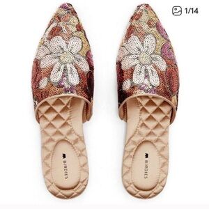 Birdies The Dove Pink Gold Petal Sequin Slip On Mules Shoes flowers flats